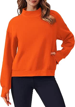 PINSPARK Sweatshirt for Women 2024 Fall Outfits Long Sleeve Fleece Top Turtleneck Sweater Shirts with Side Pockets Thumb Hole
