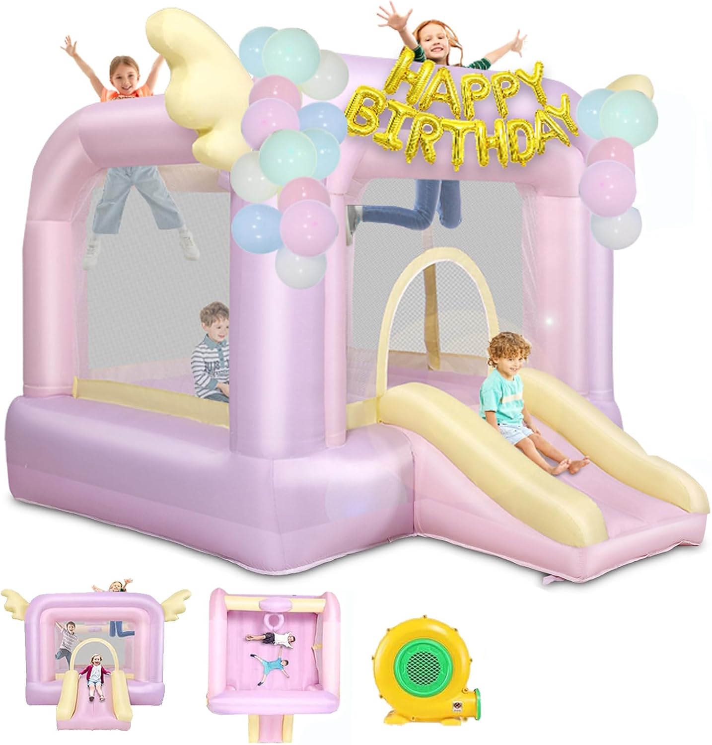 Inflatable Castle - Inflatable Celebration White Bounce House for Kids with UL Blower-Portable,Dreamy White 3in1 Bouncy Castle for Indoor Outdoor Backyard Wedding Kids Birthday Party (Pearl Fortress)