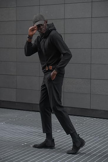 COOFANDY Men's Casual Hoodies Sweatshirt Hipster Gym Long Sleeve Drawstring Plaid Jacquard Pullover Hooded Dark Gray