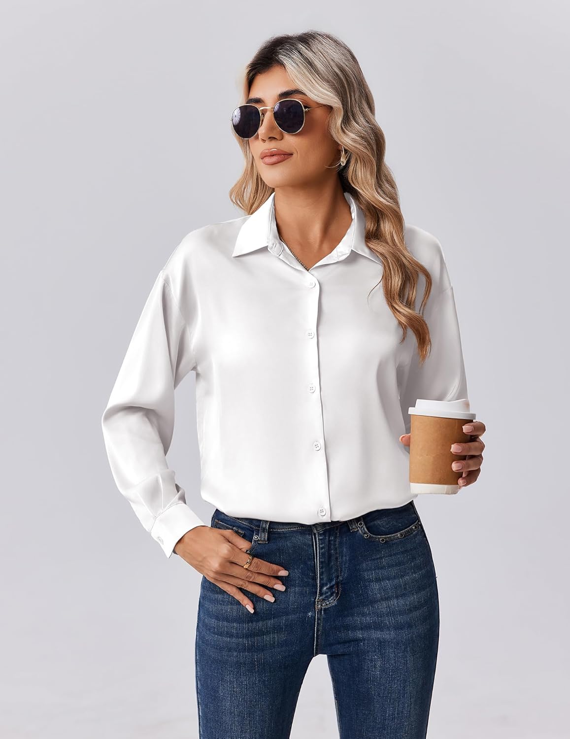 Zeagoo Womens Tops Long Sleeve Satin Silk Button Down Shirts Casual Business Dressy Blouses Fall Clothes