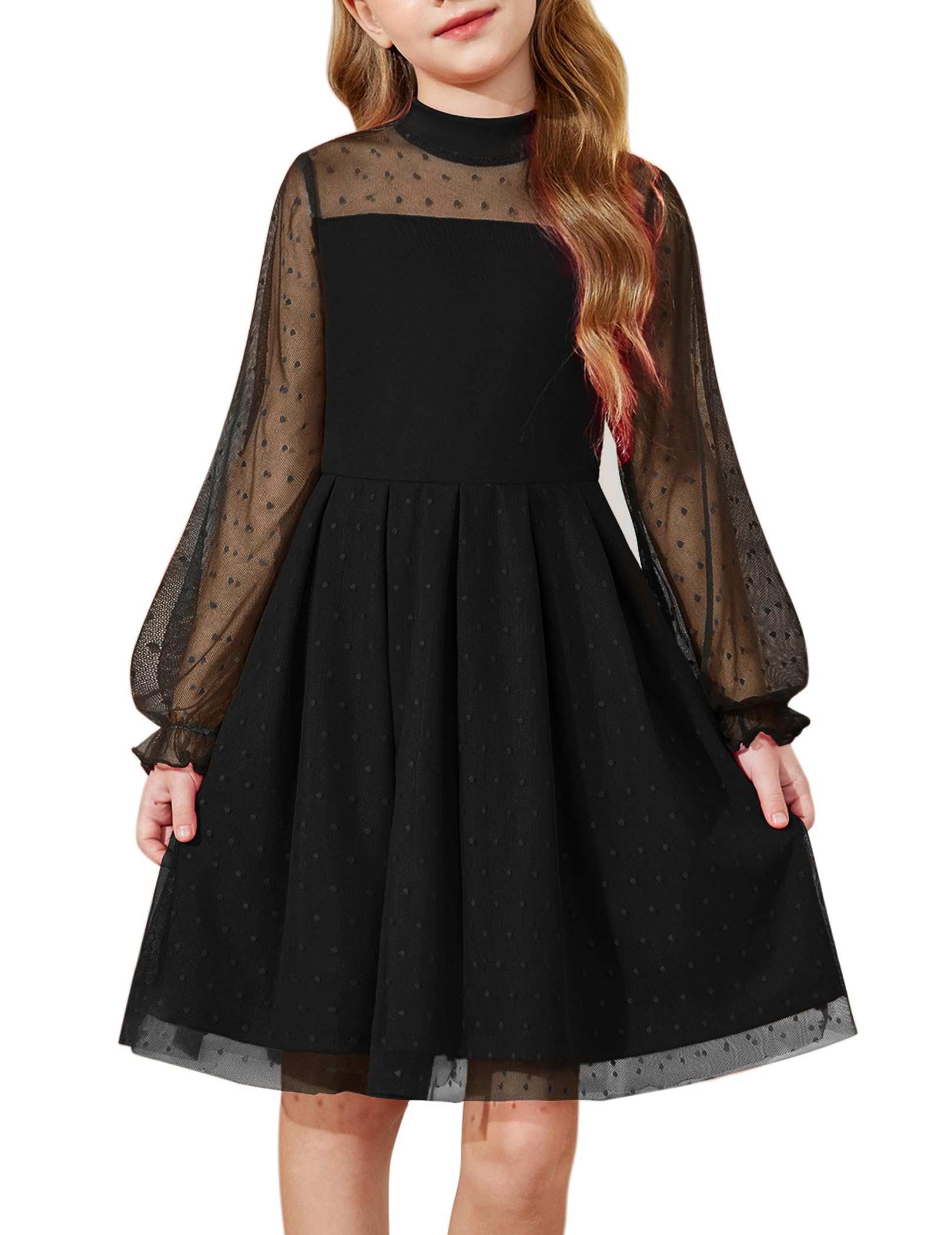 Arshiner Girls Dresses Contrast Mesh Puff Long Sleeve Mock Neck Formal Party A Line Short Tulle Dress