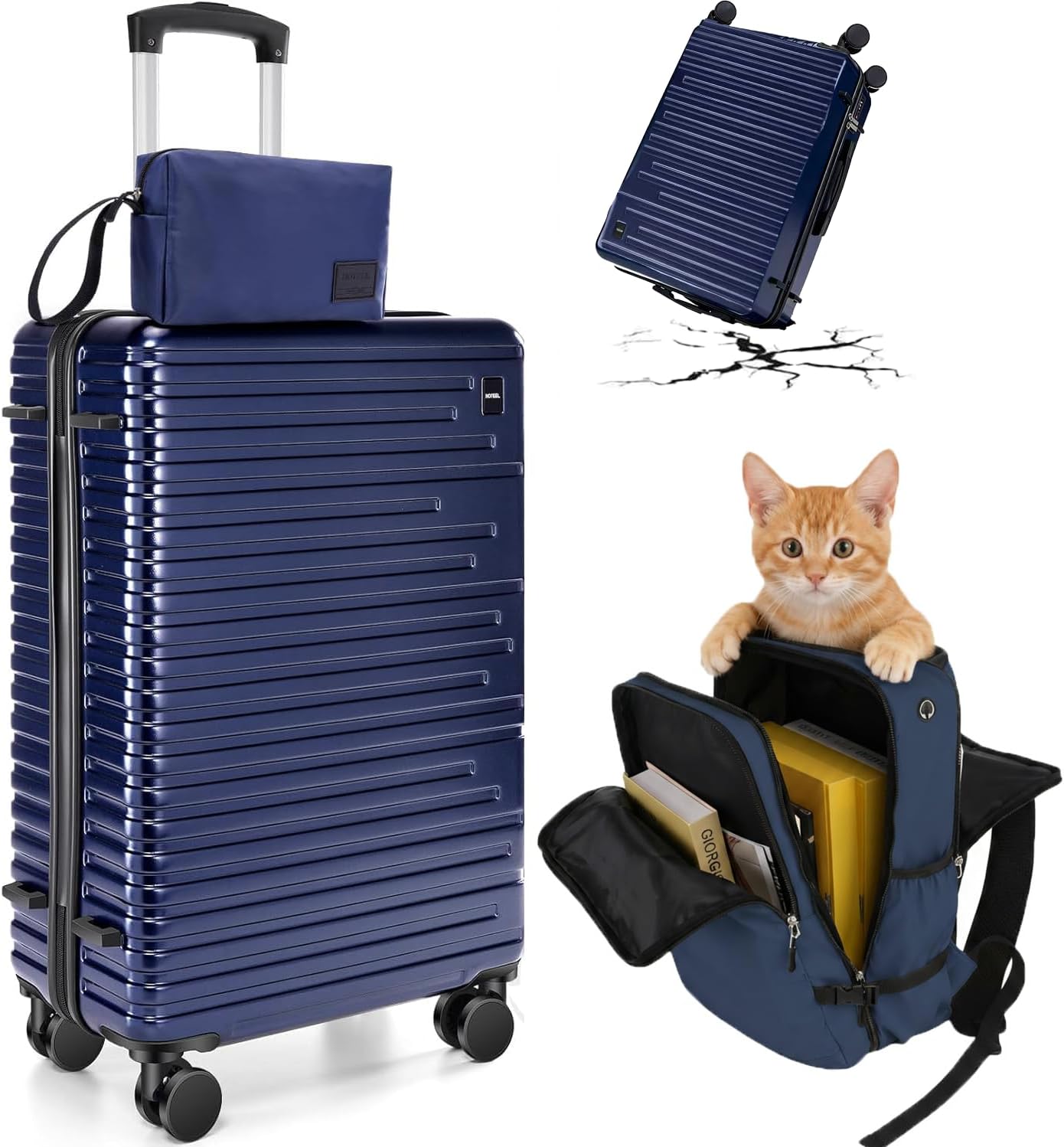 Luggages & Suitcases - Luggage Sets 3 Piece, 4-Year Warranty, Carry-On Luggage with Dual-Spinner Wheels, PC+ABS Hardside Suitcase Set with TSA Lock, Durable Carry On Suitcase, Dark Blue(20IN/DB/TB)