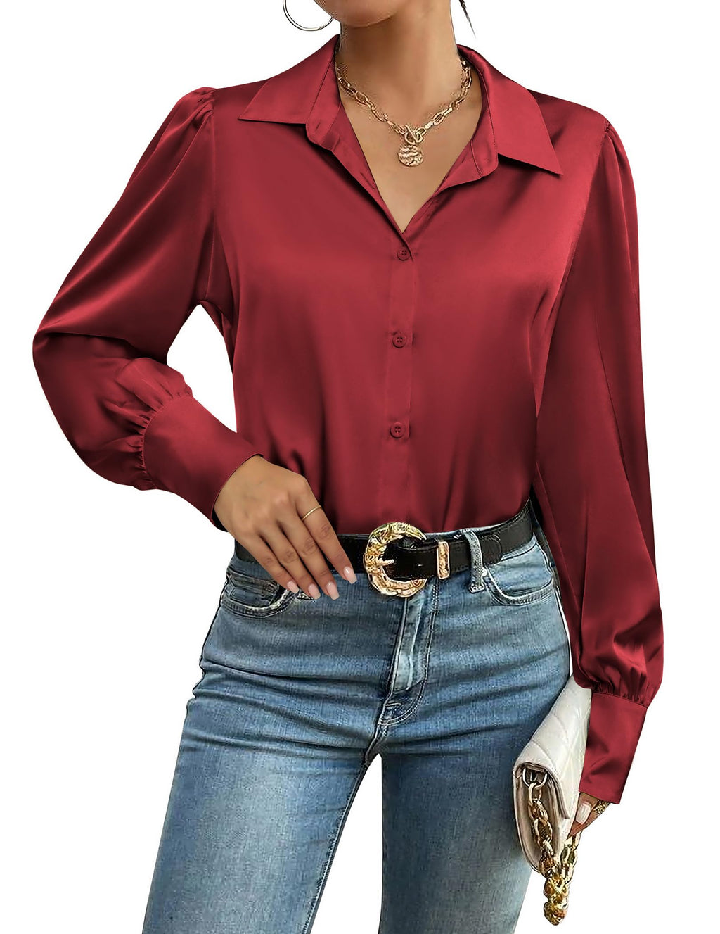 Zeagoo Womens Satin Blouse Lantern Long Sleeve Silk Button Down Shirt Dressy Casual Business Work Tunic Tops