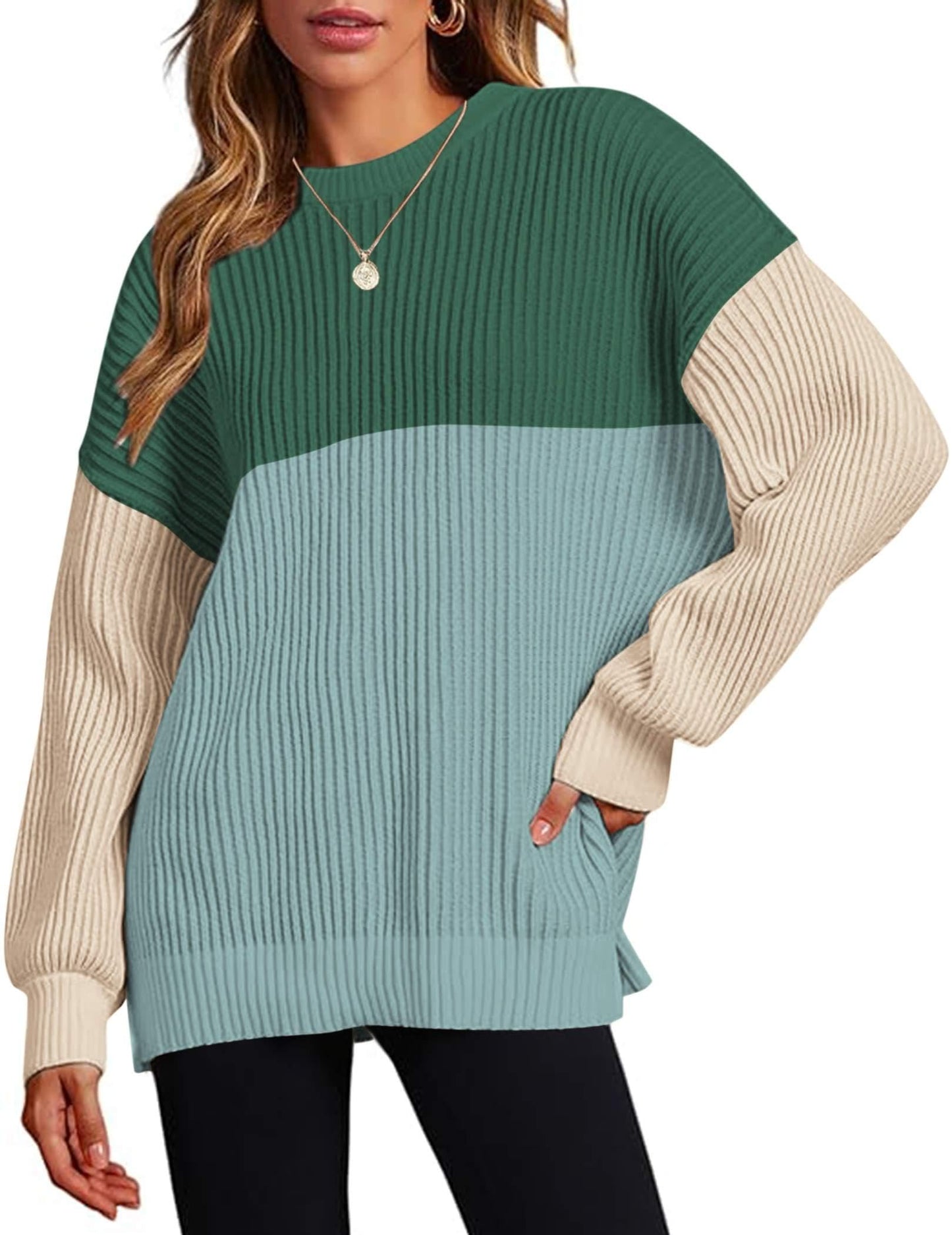 Zeagoo Women 2025 Fall Lightweight Oversized Sweater Crew Neck Long Sleeve Color Block Pullover Rib Knit Blouse Tops XS-2XL