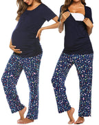 Ekouaer Women's Maternity Nursing Pajamas Sets Breastfeeding Printed Sleepwear Short Sleeve 2 Pcs Henley Top and Pants Set