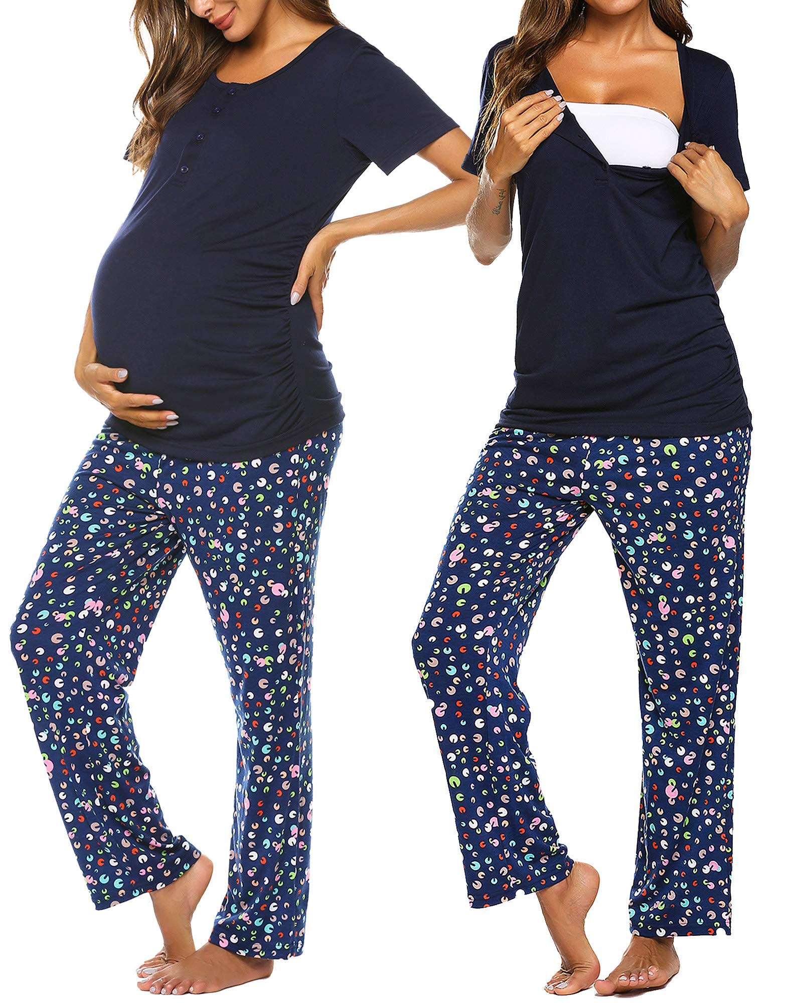 Ekouaer Women's Maternity Nursing Pajamas Sets Breastfeeding Printed Sleepwear Short Sleeve 2 Pcs Henley Top and Pants Set