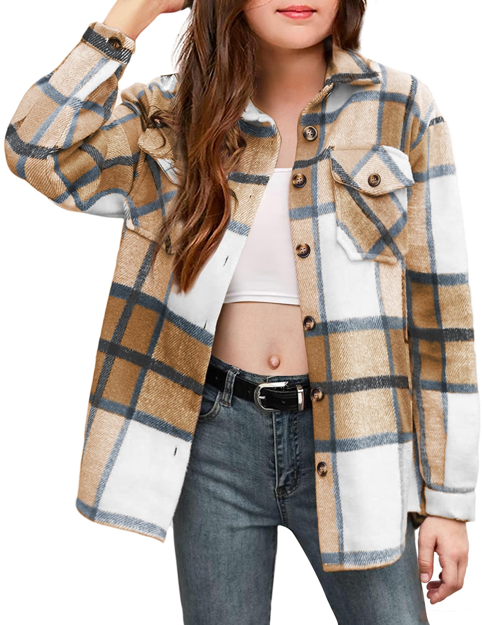 Arshiner Girls Flannel Plaid Jackets Button Down Long Sleeve Shirts Blouses Tops with Pockets Outfits