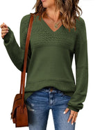 Zeagoo Womens 2025 Fall Sweaters Casual Long Sleeve Ribbed Knit Pullover V Neck Lightweight Crochet Pullover Sweater Top