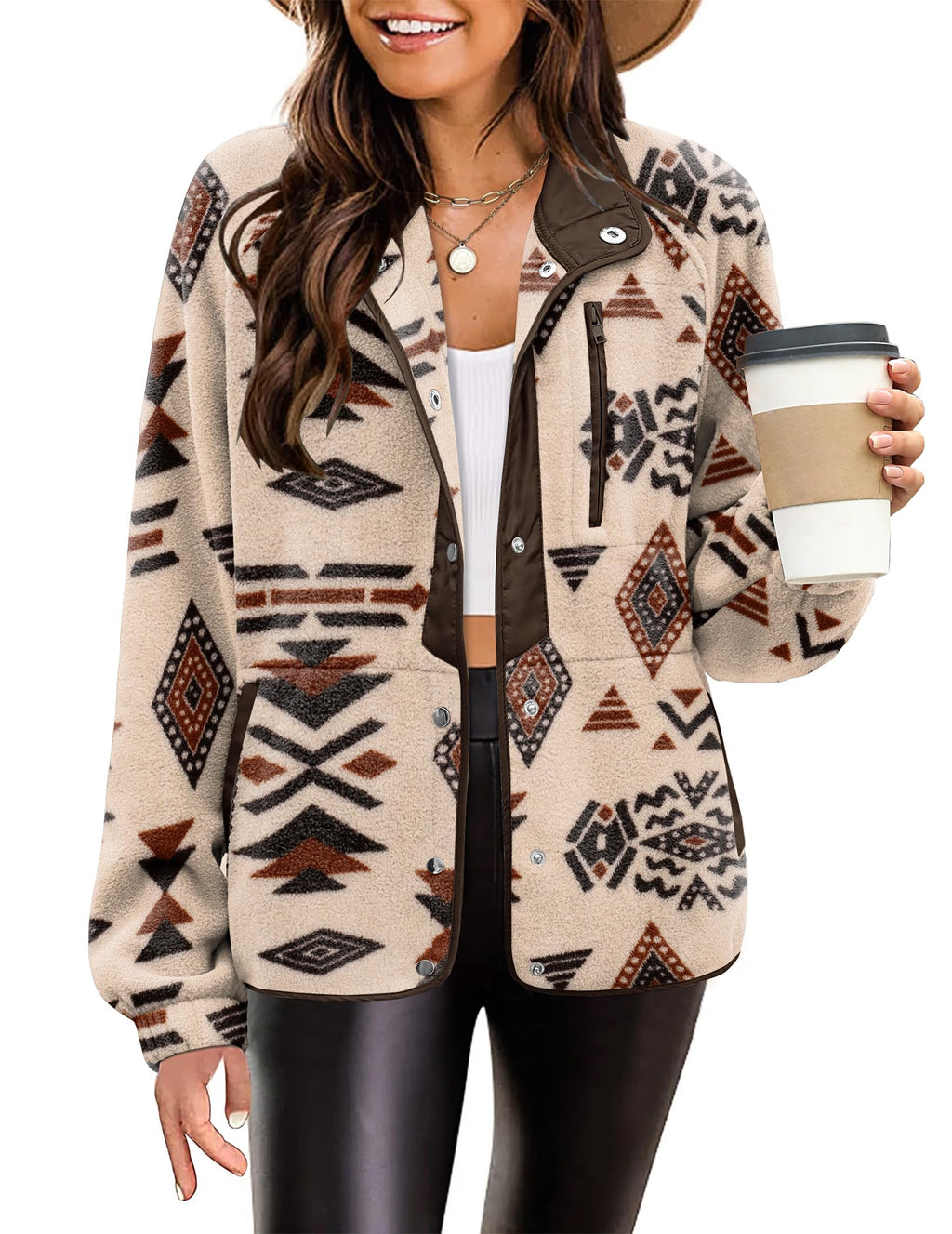 Zeagoo Women's Cozy Fleece Jacket Western Aztec Print Snap Button Down Coat with Pockets Casual Warm Outwear 2025