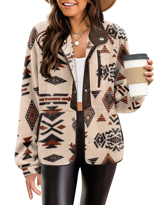 Zeagoo Women's Cozy Fleece Jacket Western Aztec Print Snap Button Down Coat with Pockets Casual Warm Outwear 2025