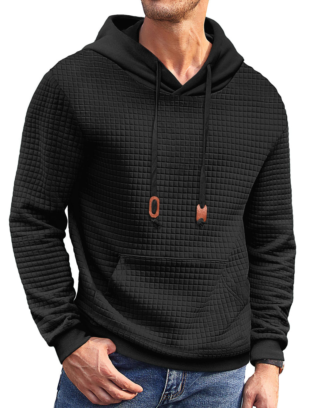 COOFANDY Men's Hoodie Pullover Drawstring Waffle Sweatshirt Hoodie with Kangaroo Pocket, black, S