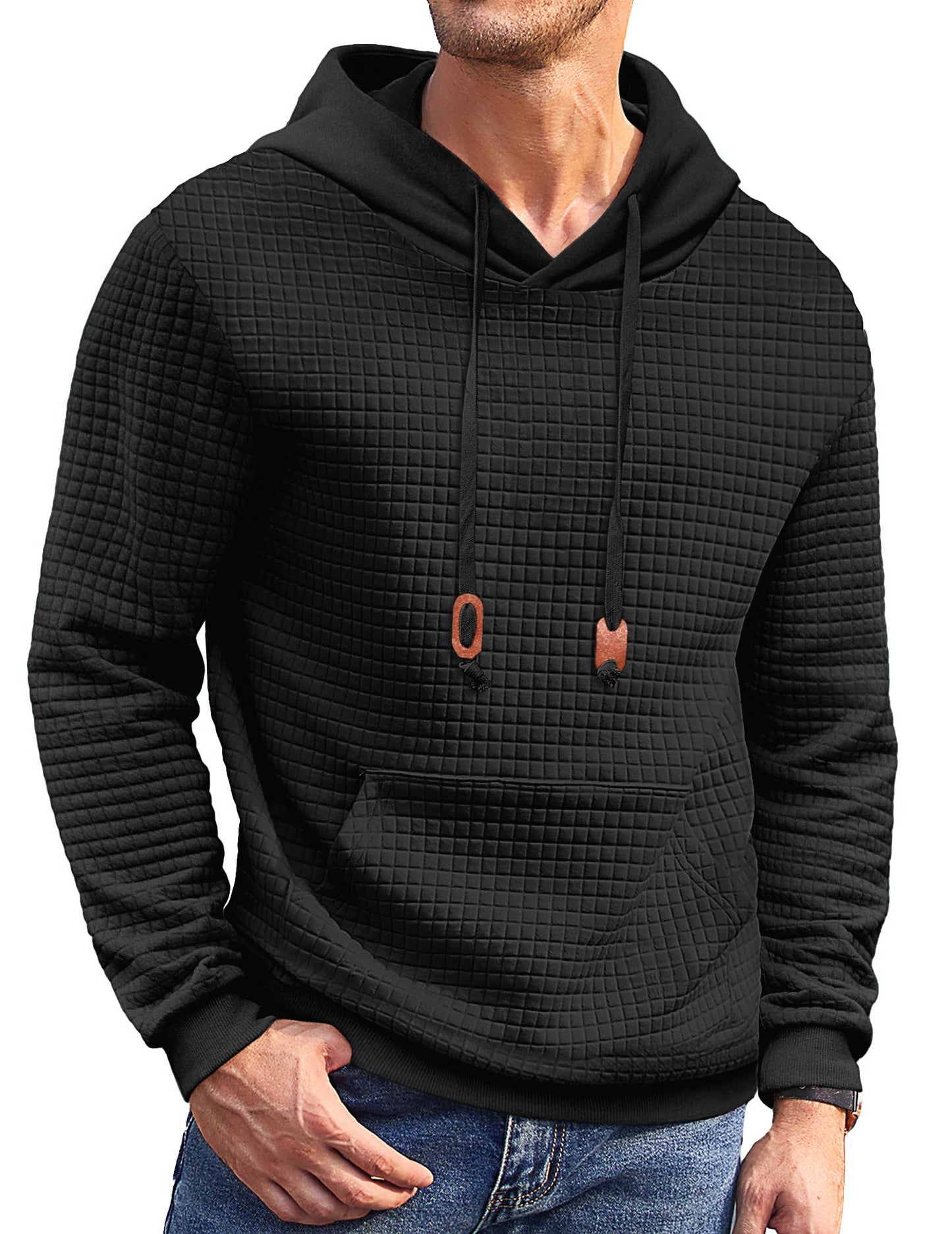 COOFANDY Men's Hoodie Pullover Drawstring Waffle Sweatshirt Hoodie with Kangaroo Pocket, black, S
