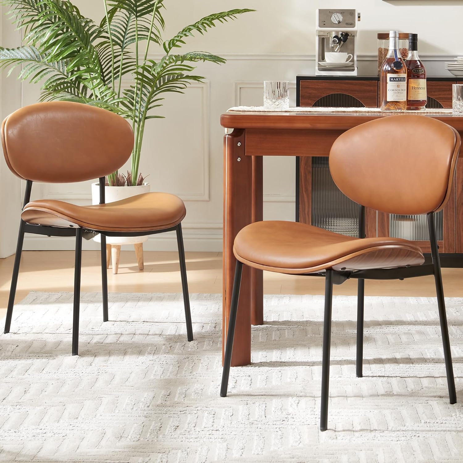 Dining Table and Chairs - Mid-Century Modern Dining Chairs Set of 2, PU Leather Upholstered Dining Room Chairs with Walnut Grain Back, Bentwood Kitchen Chairs with Adjustable Feetpads for Dining Room, Kitchen