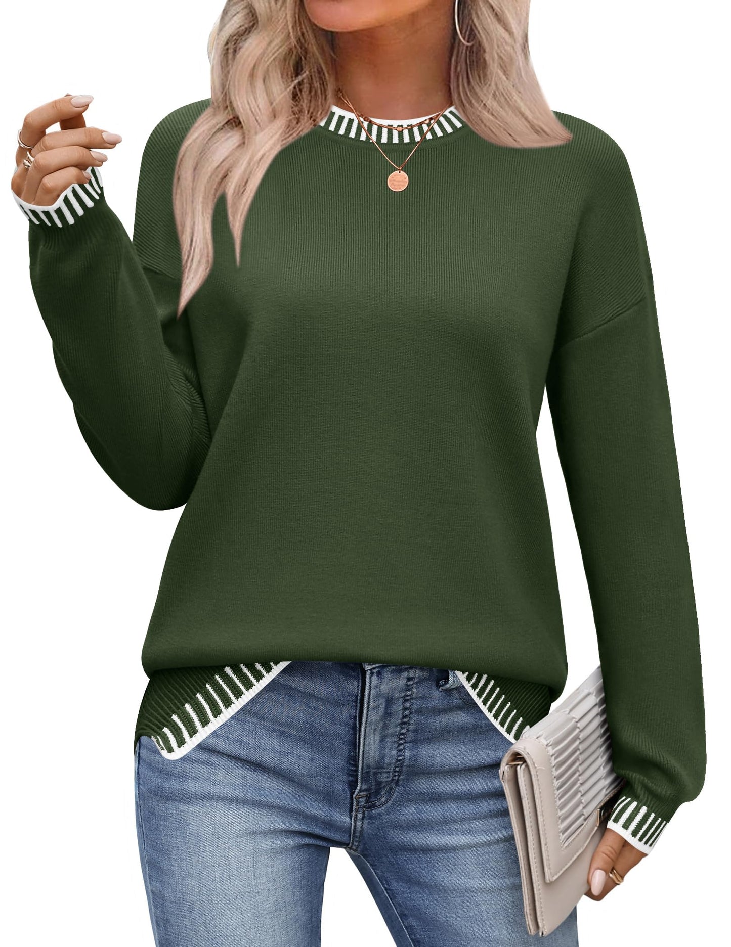 Zeagoo Womens Crewneck Pullover Sweater Long Sleeve Knit Side Slit 2025 Fall Winter Sweater Tops