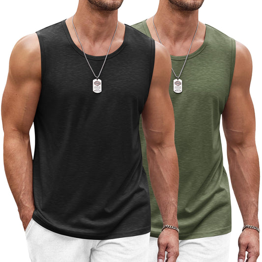 COOFANDY Mens Tanks for Summer 2 Pack Gym Sleeveless Shirts Cut Off Workout Tee Shirt, XX-Large BlackArmy Green