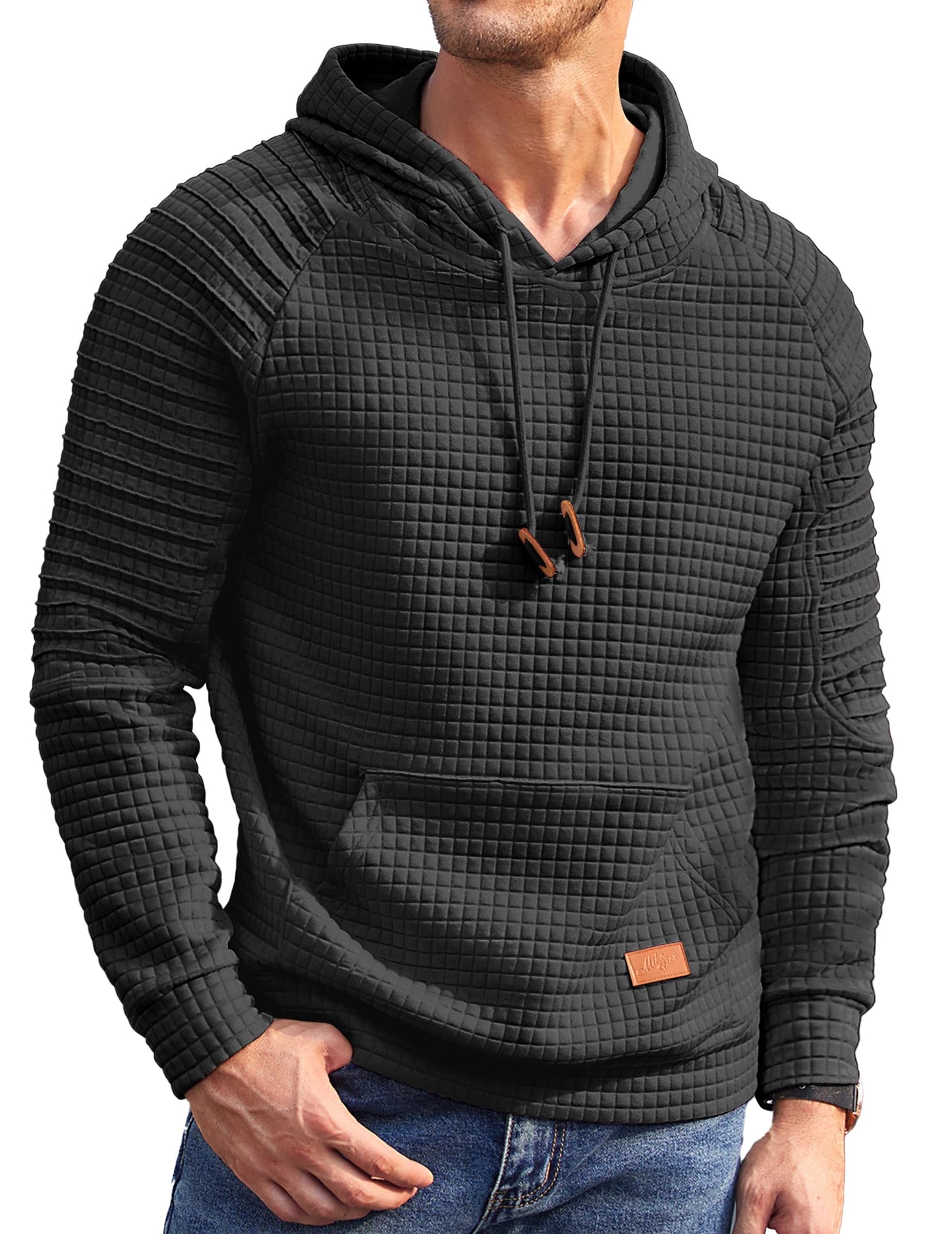 COOFANDY Men's Casual Long Sleeve Checked Hoodie Drawstring Sweatshirt with Kangaroo Pocket, black, S