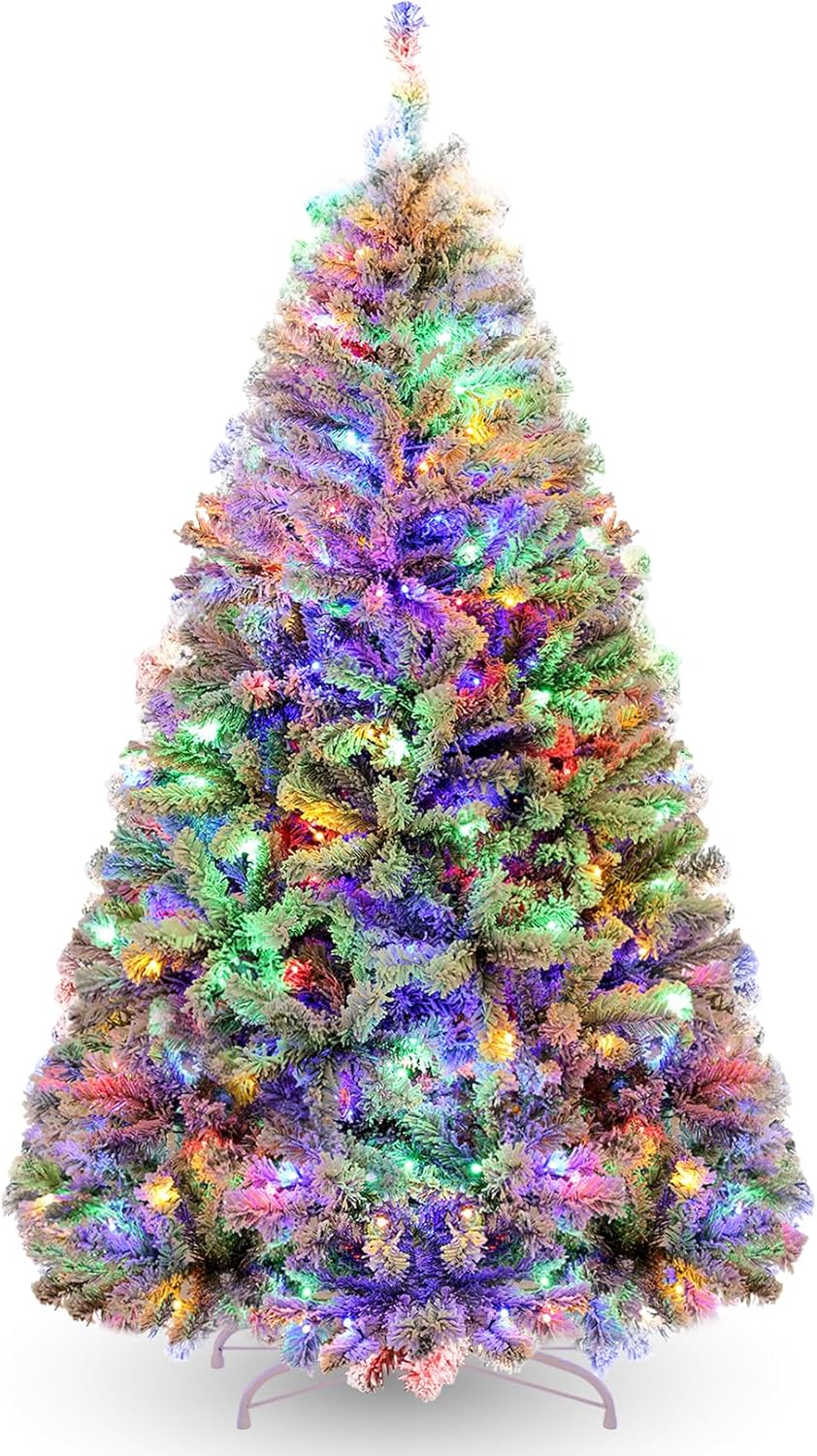 Christmas Tree - 6ft Pre-Lit Snow Flocked Artificial Holiday Christmas Tree, Premium PVC Pine Xmas Trees with Metal Stand and Multi-Color LED Lights for Home, Office, Party Decoration