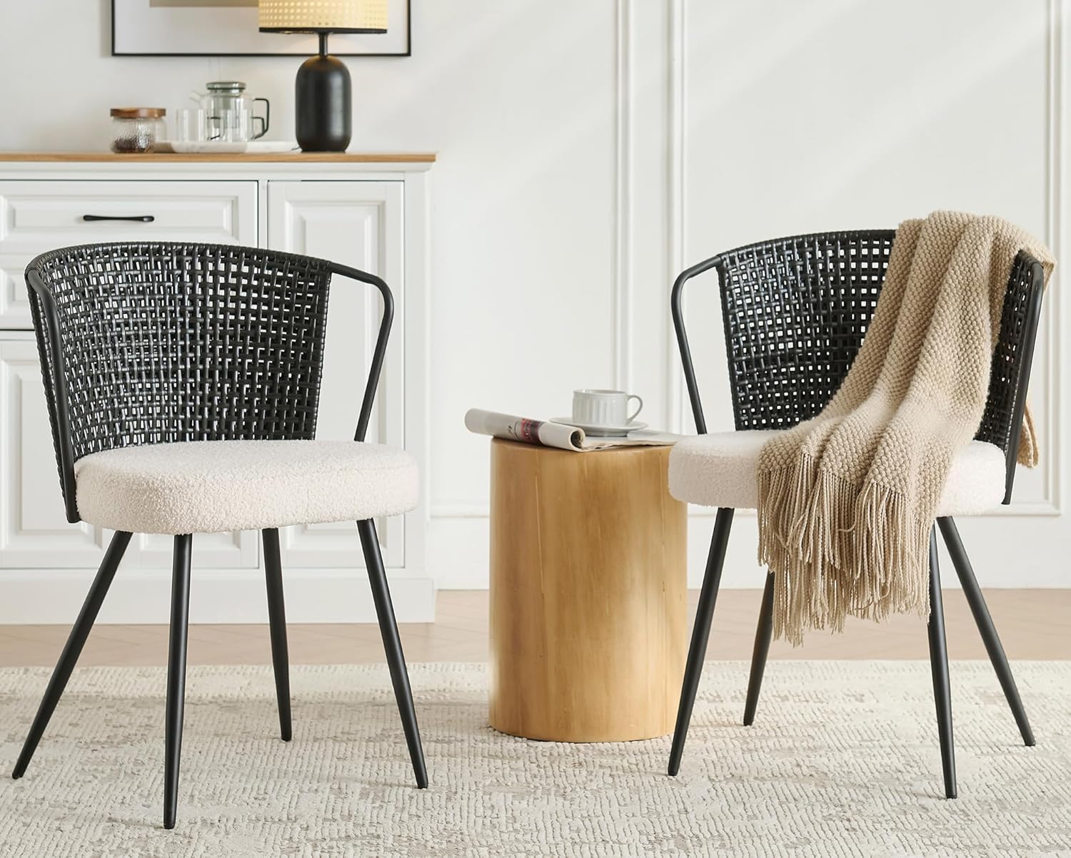 Dining Table and Chairs - Rattan Dining Chairs Set of 2 - Farmhouse Upholstered Cane Back Kitchen Chair with Boucle Cushion, Wingback Dining Room Seat with Metal Legs for Home, Kitchen