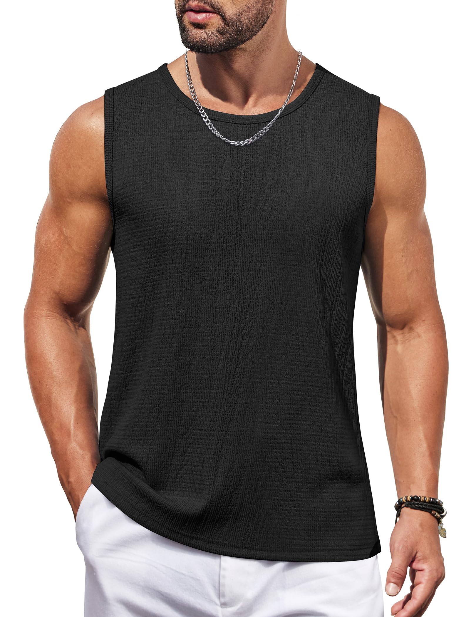 COOFANDY Men Casual Tank Top Textured Knit Sleeveless Shirt Lightweight Tee Fitted Tank Shirt White
