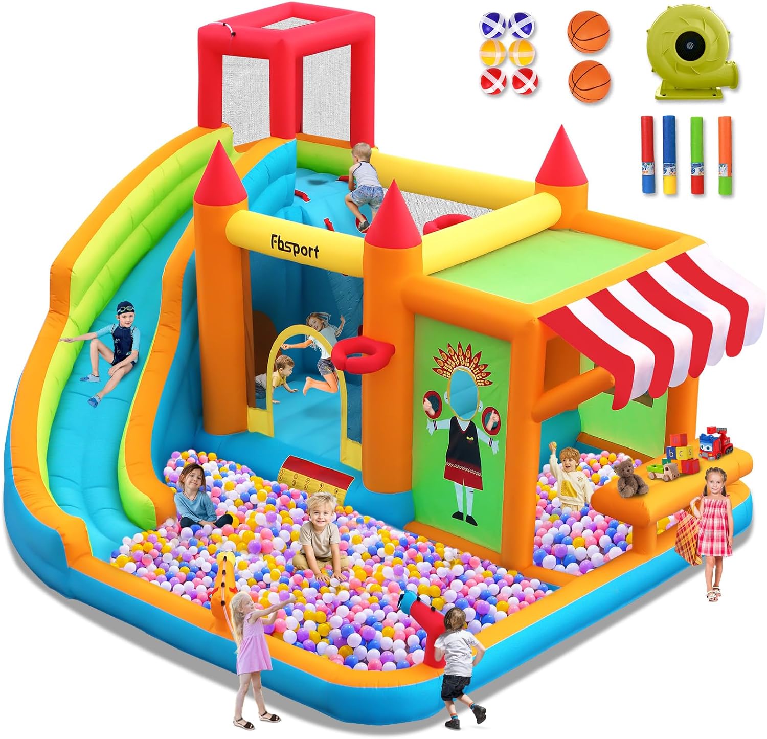 Inflatable Castle - Inflatable Bounce House Water Slide, Bounce House for Kids with Toy Market Stand Splash Pool Bouncer Climbing Wall Water Gun Ball Dart, Bouncy Castle W/620W Blower for Outdoor Indoor, Red