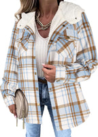 Zeagoo Womens Plaid Shacket Jacket Long Sleeve Fleece Hooded Jackets Fall Winter Warm Coat S-2XL