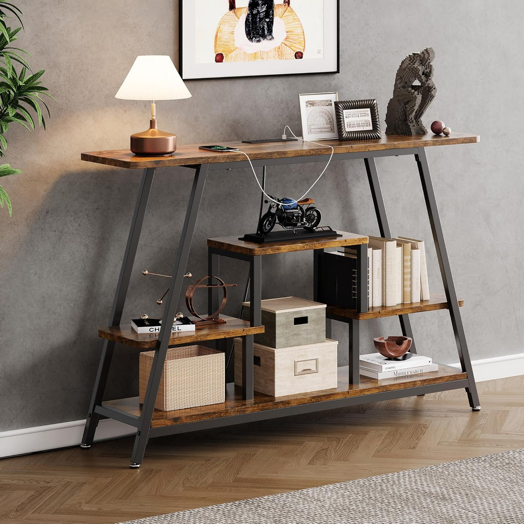 Dining Table and Chairs - 47.3" Console Table with Outlet, Entryway Table with 4-Tier Storage Shelves, Narrow Sofa Table with Charging Station, Couch Table Behind Sofa for Entryway, Hallway, Living Room