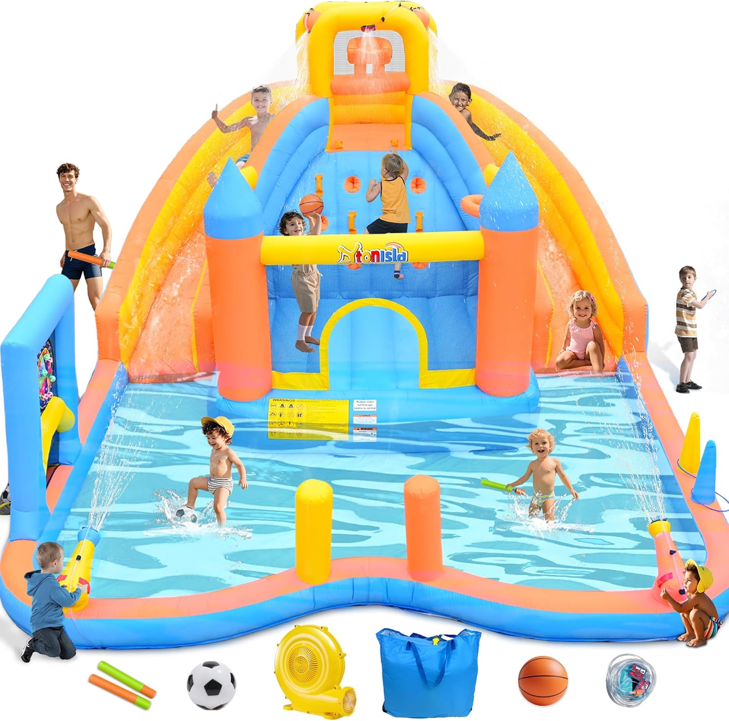 Inflatable Castle - Large Inflatable Water Double Slides Park, 16x13x8 FT Water Bounce House with Heave Duty Air Blower, Climbing Wall, Splash Pool, 2 Water Cannon, Ball Games, Bouncer for Kids Party Backyard Outdoor