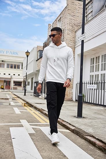 COOFANDY Men's Casual Hoodies Sweatshirt Hipster Gym Long Sleeve Drawstring Plaid Jacquard Pullover Hooded Dark Gray