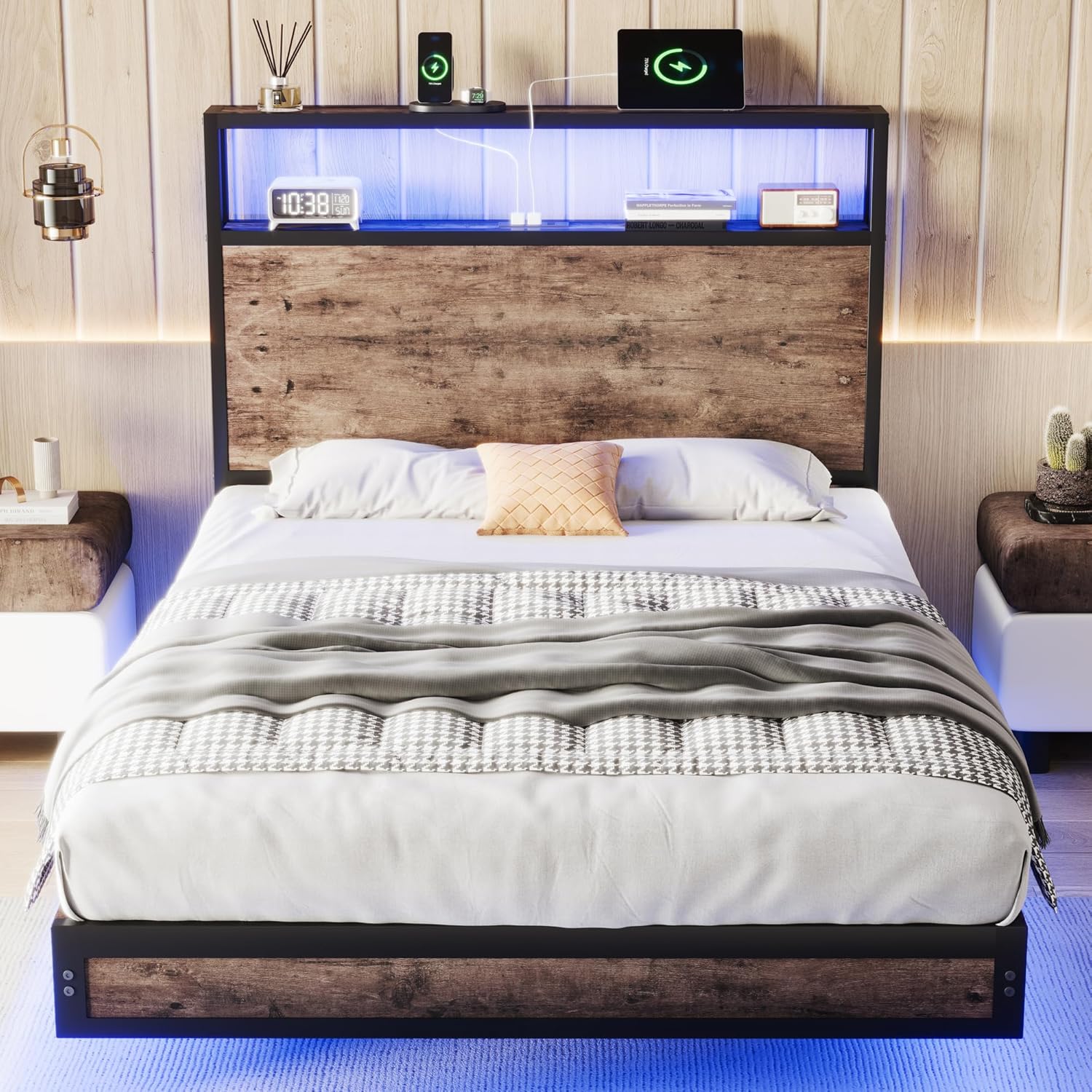 Queen Bed Frame with 4 Storage Drawers and Charging Station