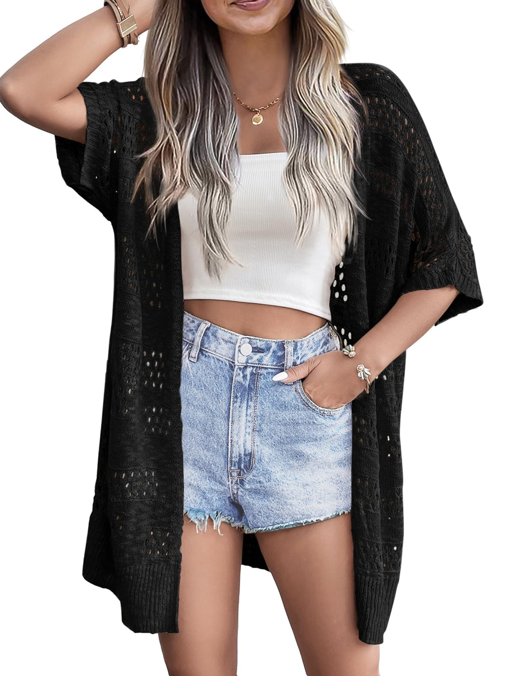 Zeagoo Lightweight Summer Crochet Cardigan for Women Short Sleeve Kimono Boho Oversized Open Front Knitted Cardigan
