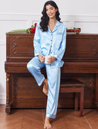 Ekouaer Women's Classic Button Down Long Satin Silk Pajama Set