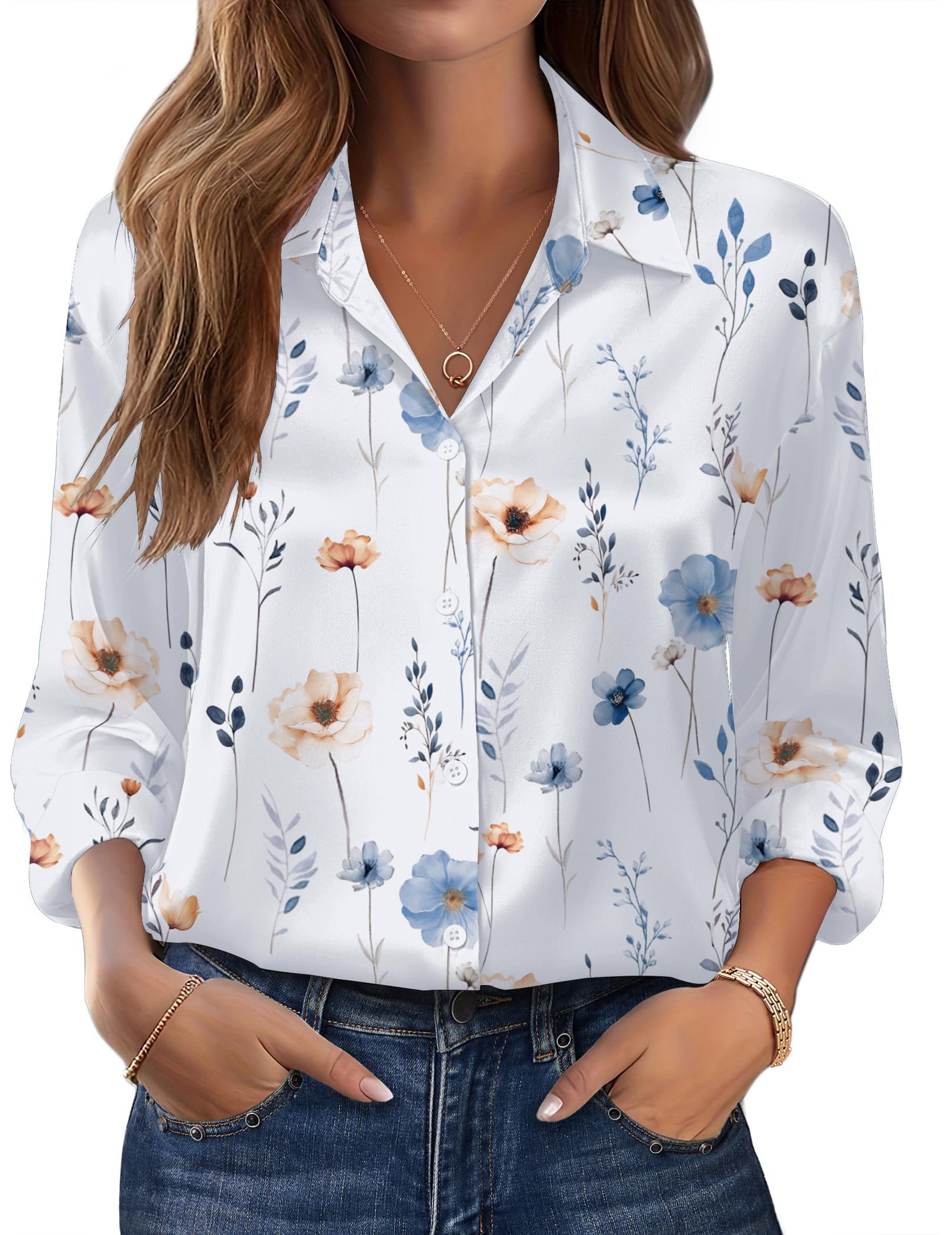 Zeagoo Womens Tops Long Sleeve Satin Silk Button Down Shirts Casual Business Dressy Blouses Fall Clothes