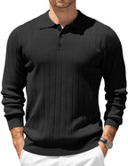 COOFANDY Mens Polo Shirt Classic Quarter Button Sweaters Slim Fit Long Sleeve Knitted Golf Shirts Black