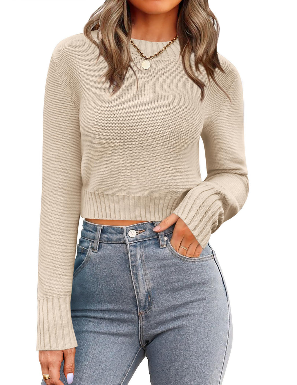 Zeagoo Women's 2025 Fall Crewneck Cropped Sweater Trendy Long Sleeve Ribbed Knit Pullover Jumper Tops