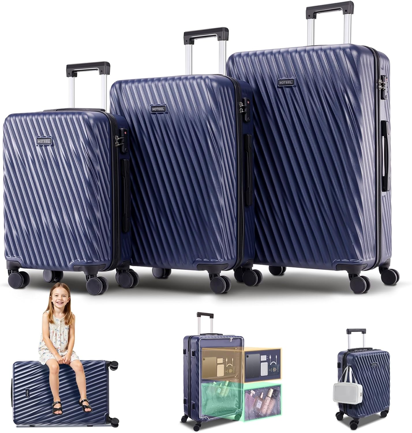 Luggages & Suitcases - 3 Piece Luggage Set Hardshell, 4-Year Limited Warranty, Spinner Wheels, TSA Lock, Wet/Dry Separation Compartment, 20"/24"/28" Suitcase, Dark Blue
