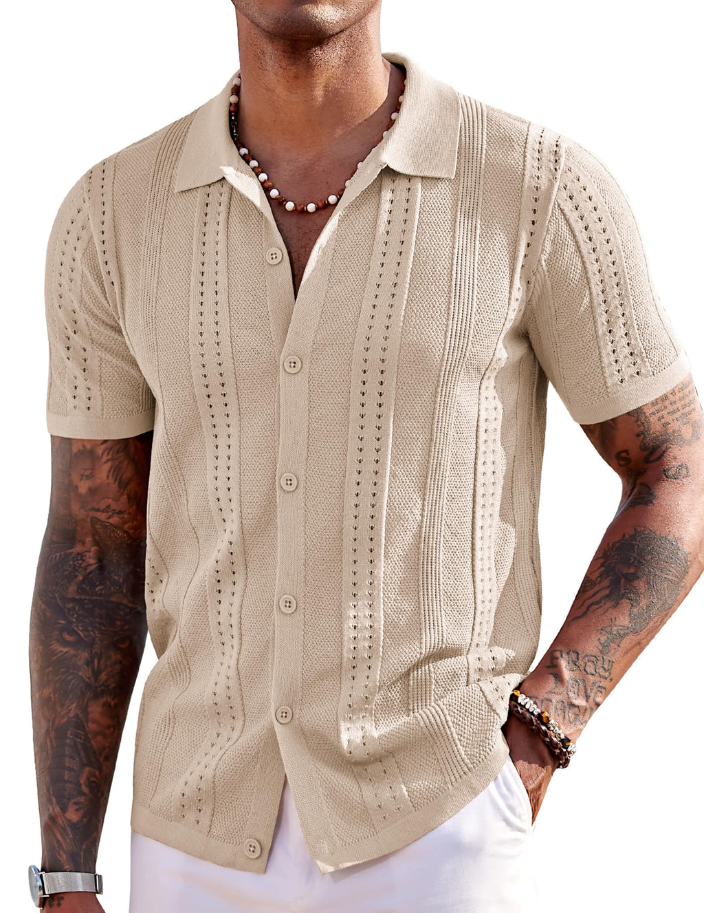 COOFANDY Men's Short Sleeve Knit Shirts Vintage Button Down Polo Shirt Casual Beach Tops, Black, Large