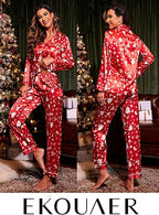 Ekouaer Women's Classic Button Down Long Satin Silk Pajama Set