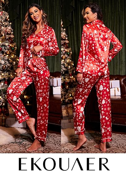 Ekouaer Women's Classic Button Down Long Satin Silk Pajama Set