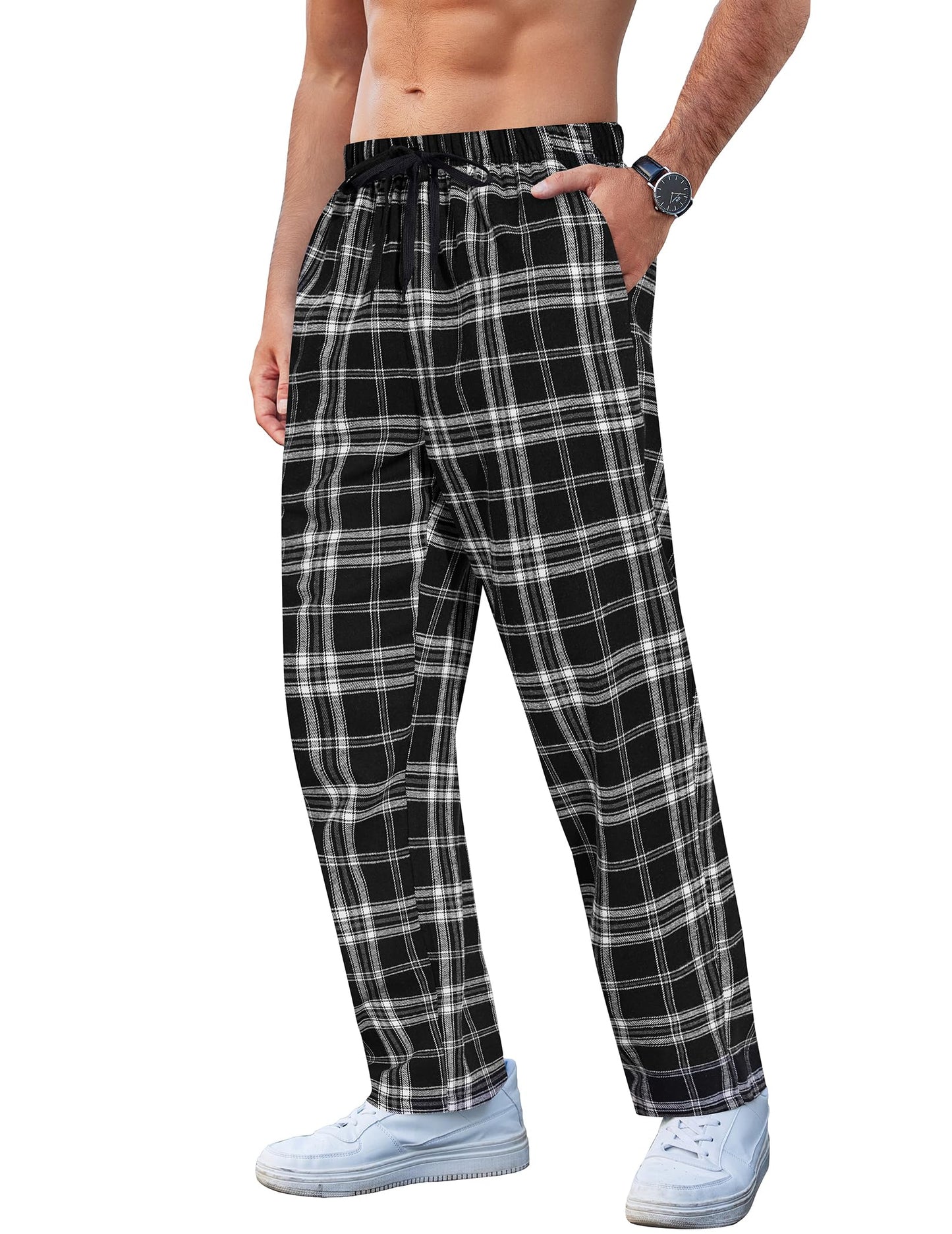 COOFANDY Men's Plaid Casual Pants Drawstring Cotton Lounge Pants Soft Flannel Checkered Pajama Pants