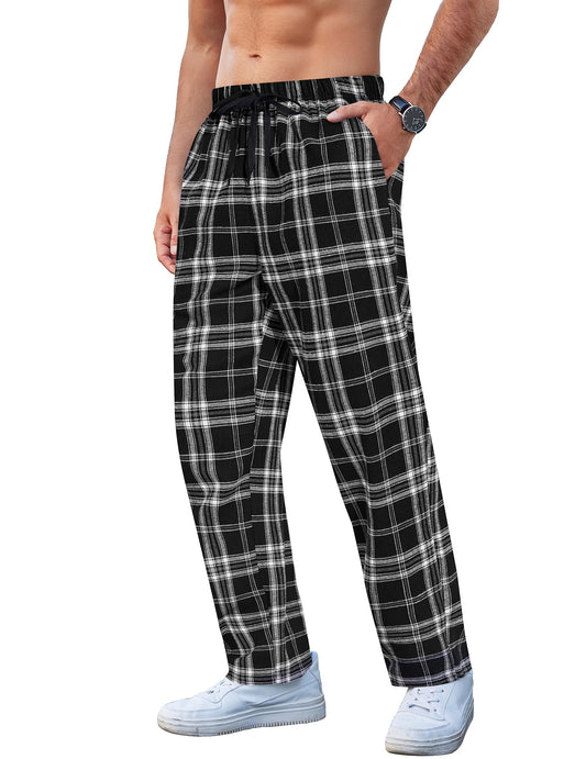 COOFANDY Men's Plaid Casual Pants Drawstring Cotton Lounge Pants Soft Flannel Checkered Pajama Pants