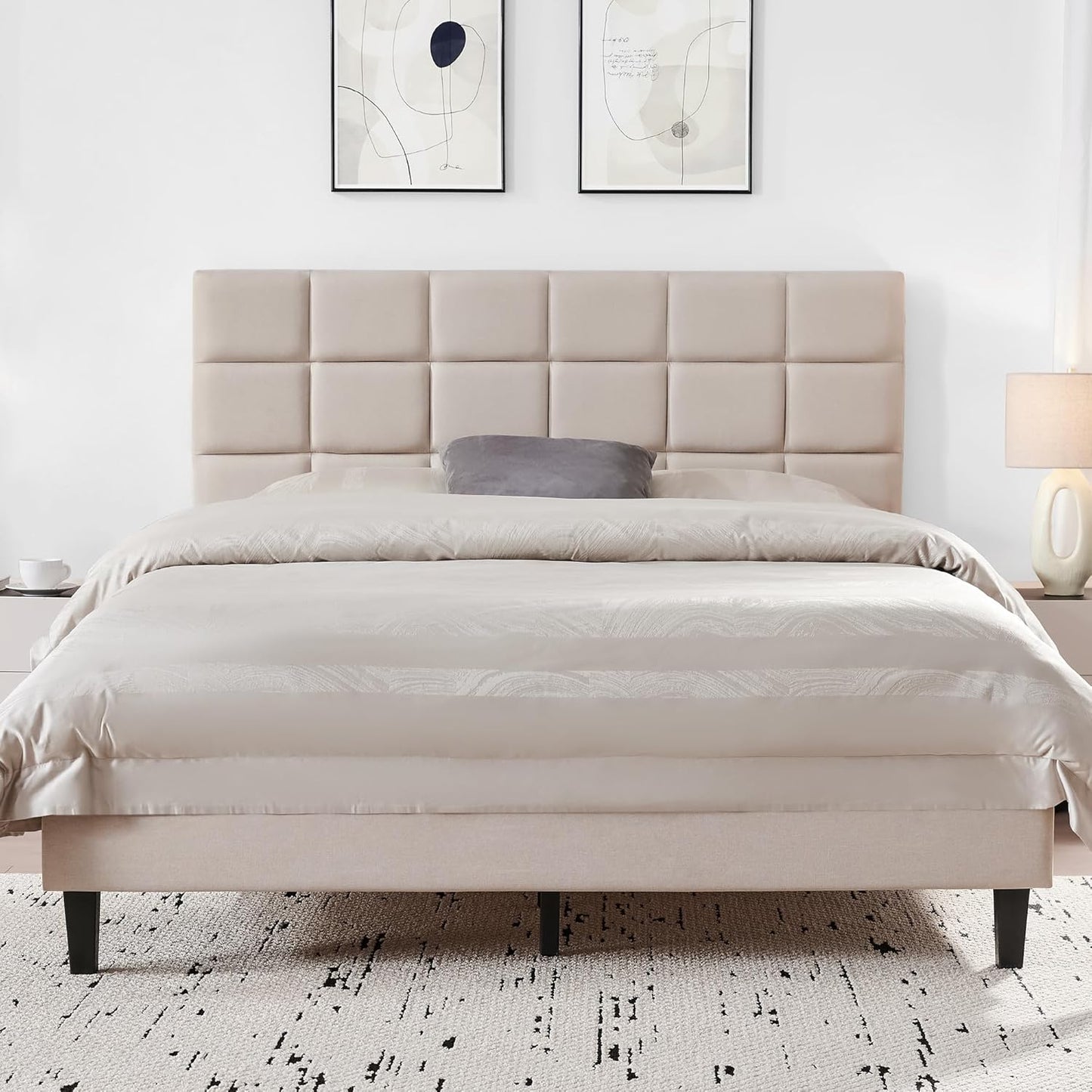 Full/Queen Size Bed Frame with Fabric Upholstered Headboard Beige