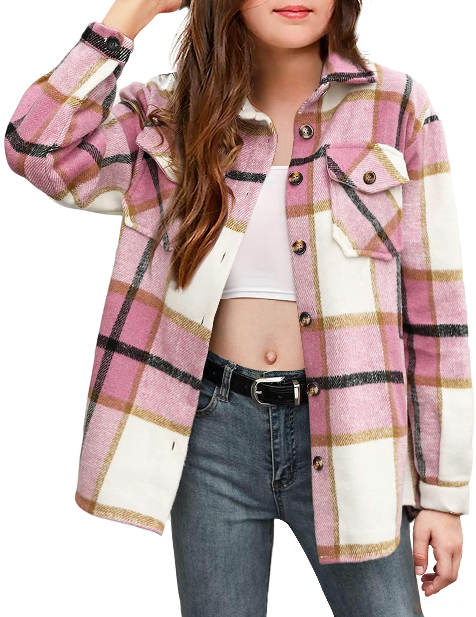 Arshiner Girls Flannel Plaid Jackets Button Down Long Sleeve Shirts Blouses Tops with Pockets Outfits