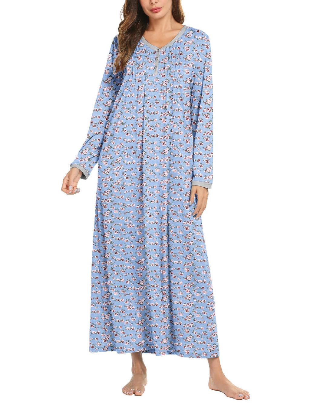 Ekouaer Women's Long Sleeve Nightgown Full Length Sleepwear Long Sleepshirts Henley Sleep Dress S-4XL
