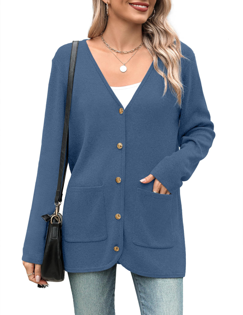 Zeagoo Women's V Neck Button Long Cardigan Sweater Casual 2024 Fall Knit Sweater Blazer with Pockets