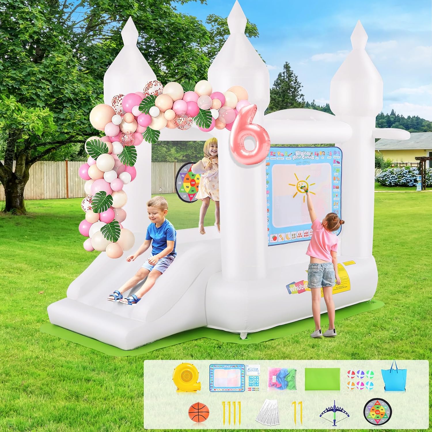 Inflatable Castle - White Bounce House Indoor/Outdoor for Kids 2-8 with Balloons, Magical Water Canvas, Dart Target Balls, Bar Dart Set, Basketball, 102 x 70 x 97 Jumping Castle with Slide for Birthday Party, Wedding