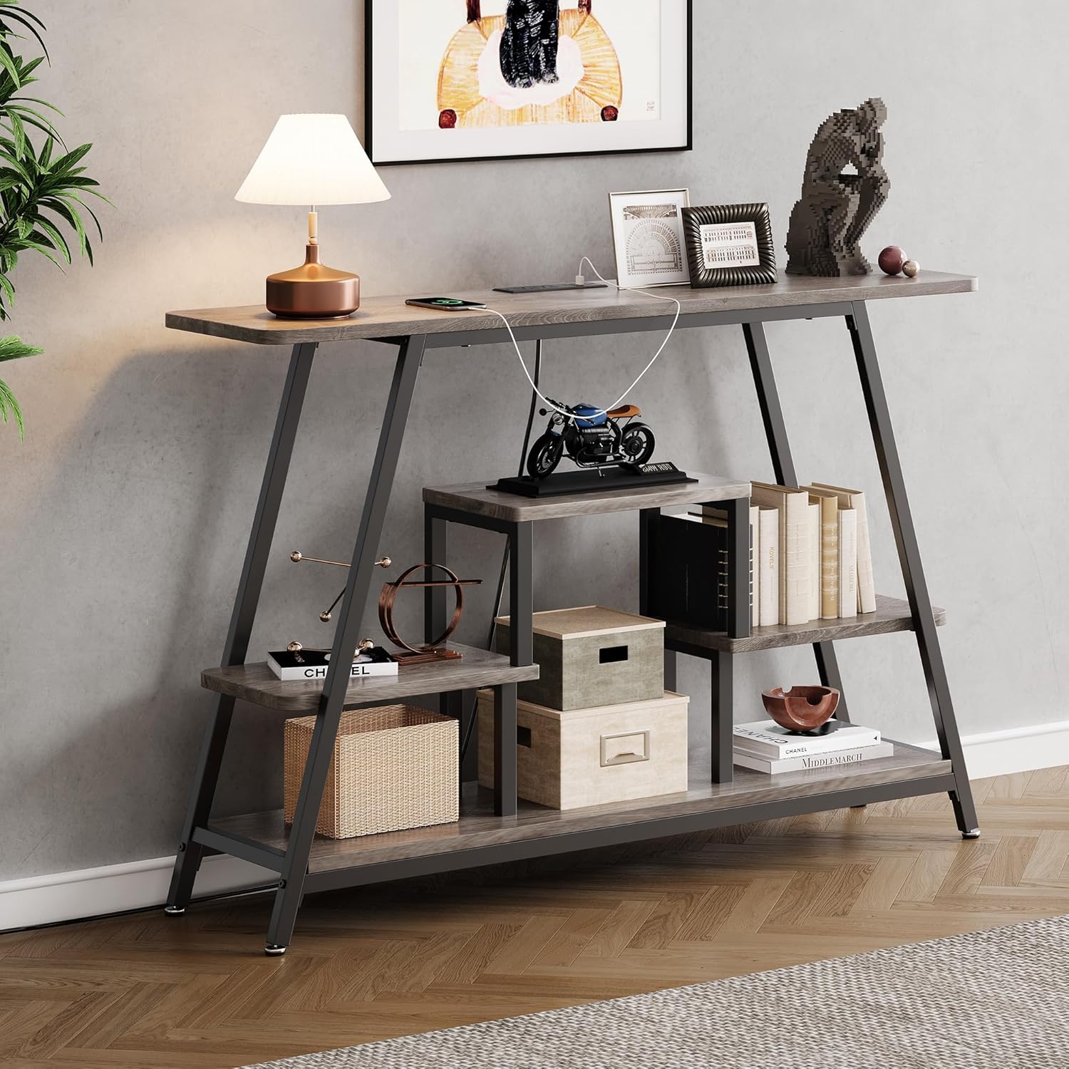 Dining Table and Chairs - 47.3" Console Table with Outlet, Entryway Table with 4-Tier Storage Shelves, Narrow Sofa Table with Charging Station, Couch Table Behind Sofa for Entryway, Hallway, Living Room