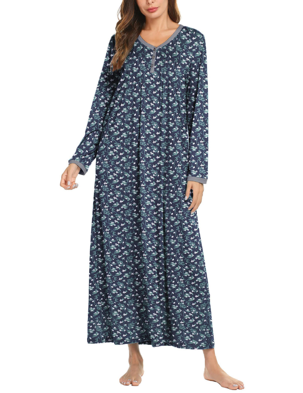 Ekouaer Women's Long Sleeve Nightgown Full Length Sleepwear Long Sleepshirts Henley Sleep Dress S-4XL