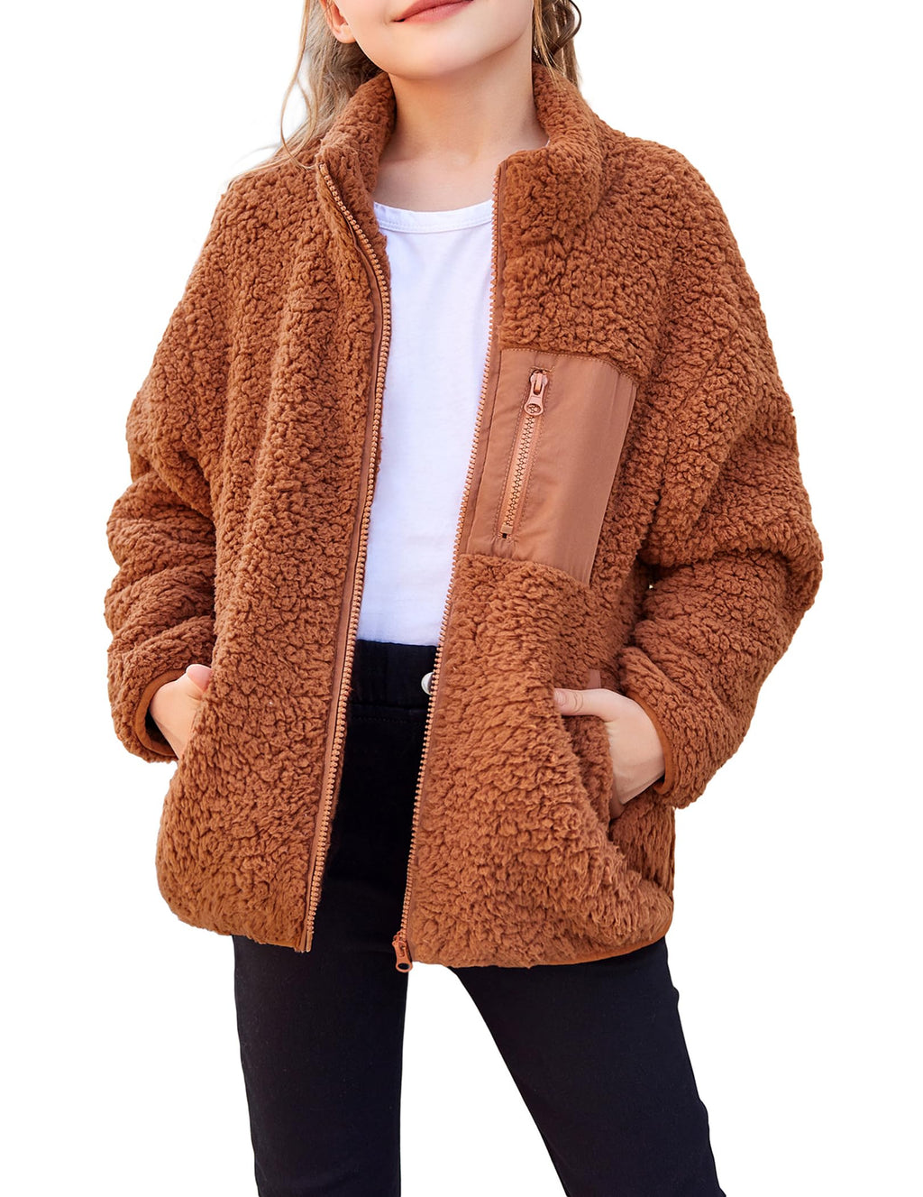 Arshiner Girls Fleece Jacket Sherpa Fall Winter Full Zip Fuzzy Coat Outwear with Pockets