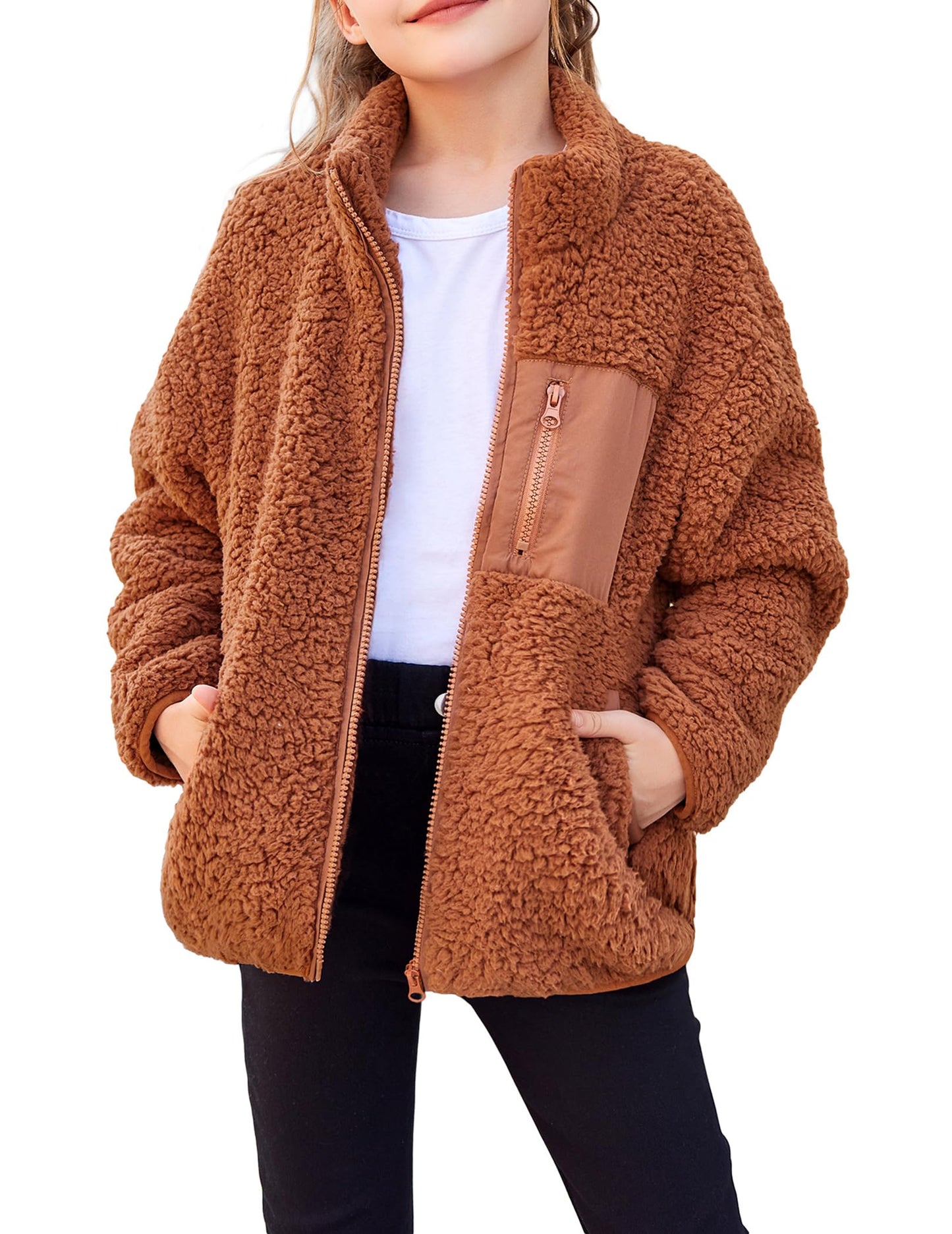 Arshiner Girls Fleece Jacket Sherpa Fall Winter Full Zip Fuzzy Coat Outwear with Pockets