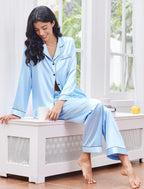 Ekouaer Women's Classic Button Down Long Satin Silk Pajama Set
